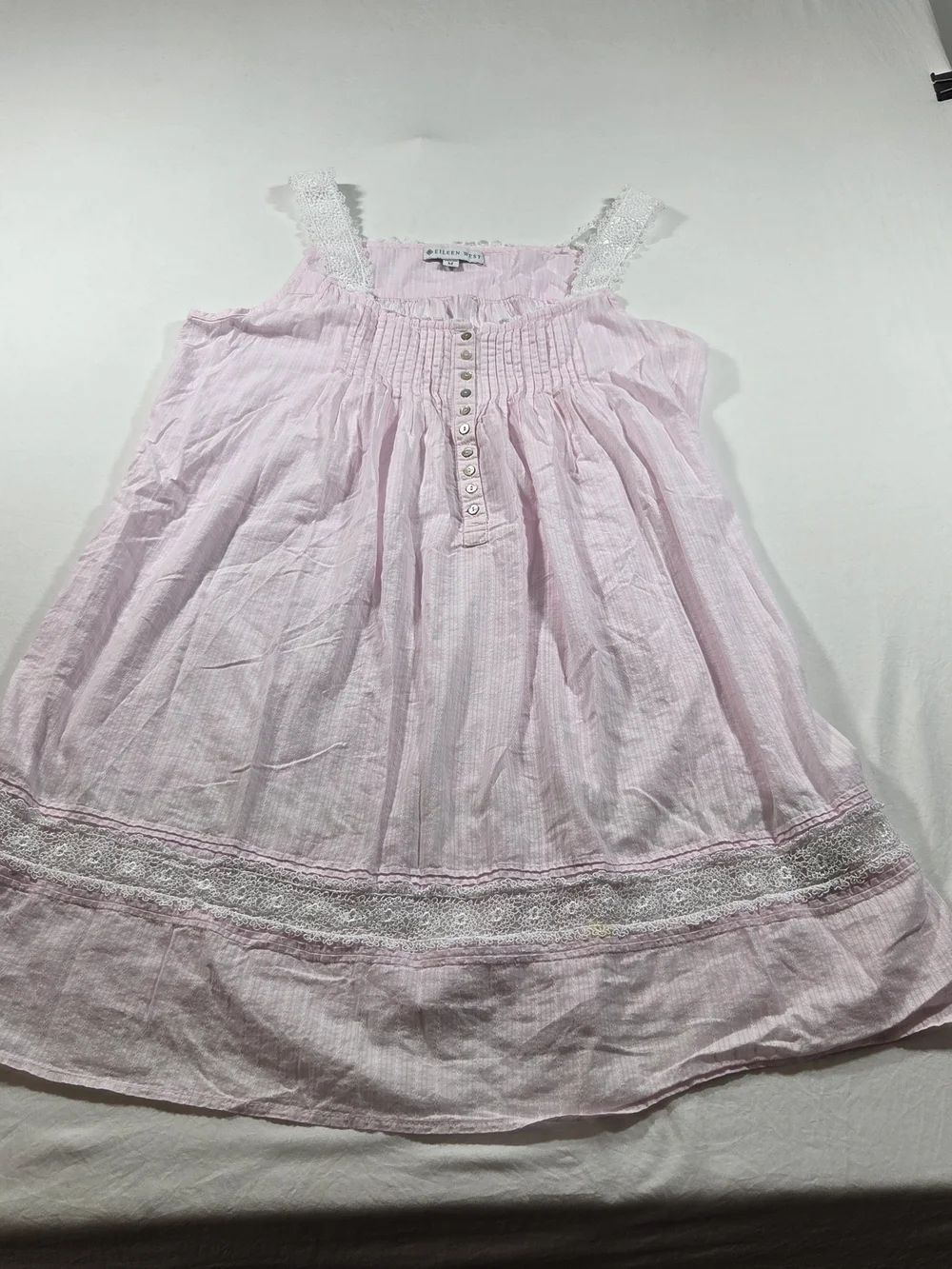 Eileen West Pale Pink Cotton Nightgown Smocked Bodice Lace Trim Sleeveless - Picture 7 of 13